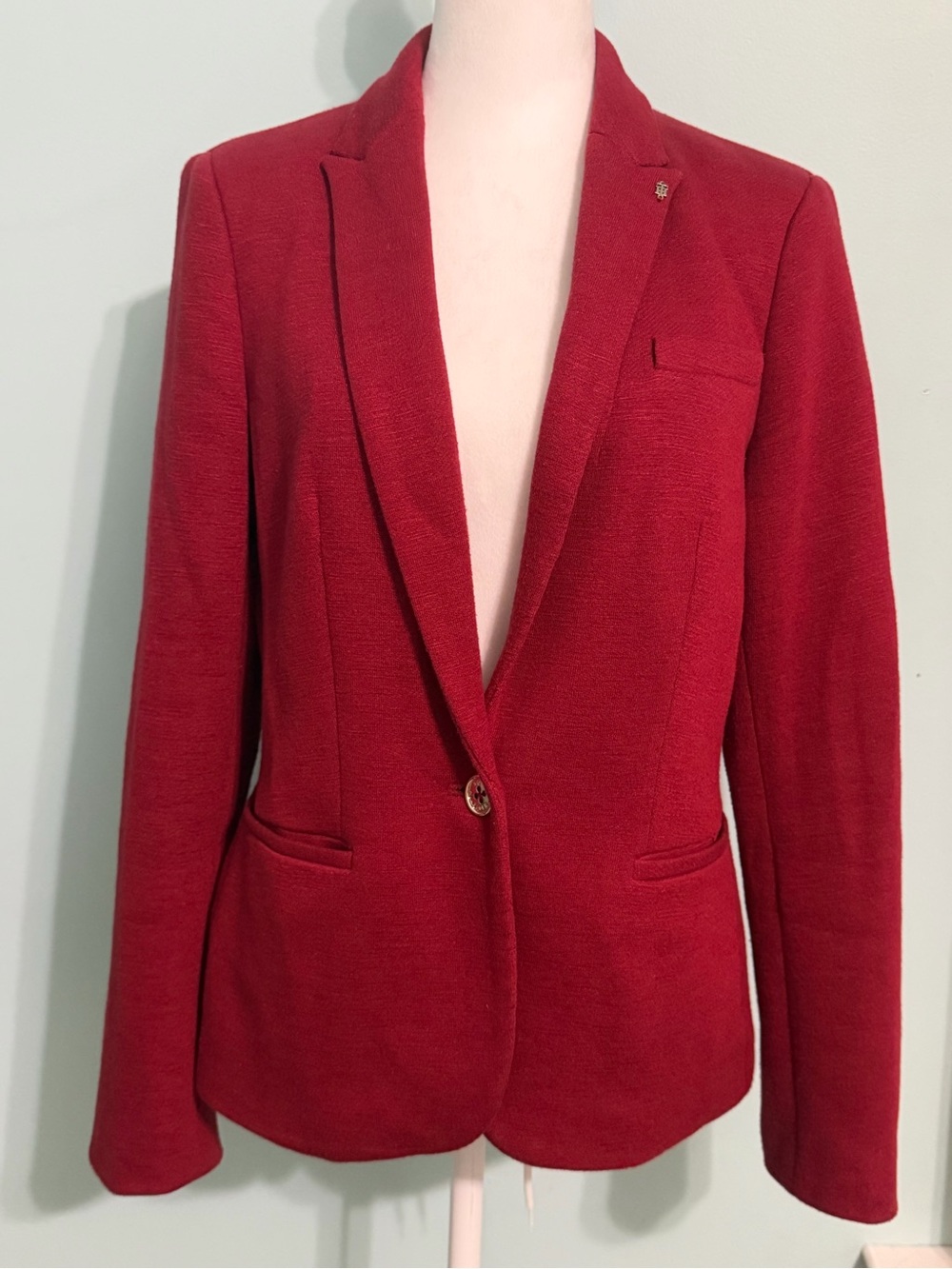 Tommy Hilfiger Red Single-Button Women Blazer Textured Linen-Blend Style Sz 10